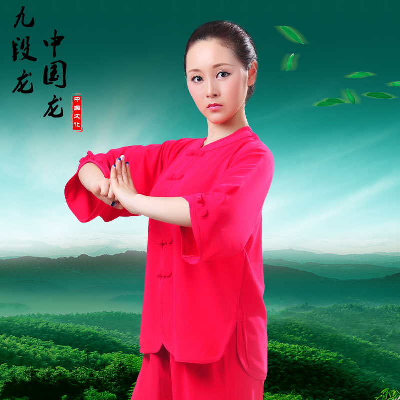 九段龍太極服春夏裝女男款七分短袖水晶棉麻練功武術表演太極拳服