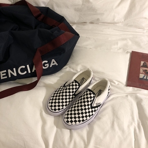 棋盘黑白格一脚蹬帆布鞋