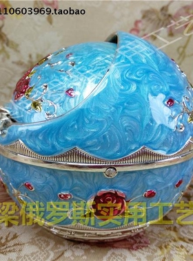 Z2特价俄罗斯银锡金属烟灰缸圆球形银边天蓝色红爱心玫瑰大号厚重