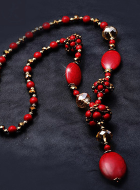 民族风女原创手工红色毛衣项链