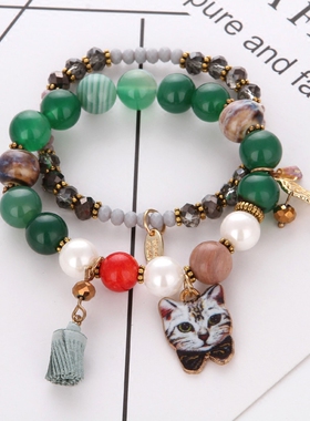 叶子猫猫手链女韩版送两件套串珠