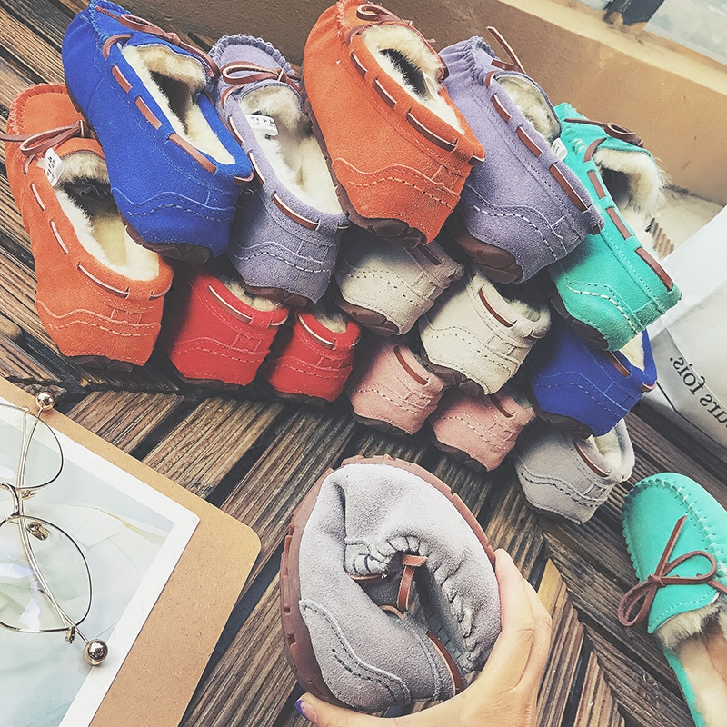 2023秋冬季原宿真皮豆豆鞋女加厚加绒毛毛社会平底孕妇一脚蹬棉鞋 - 图2