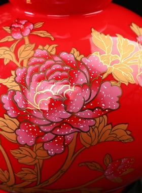 陶瓷红釉牡丹花中式风结婚葫芦瓶