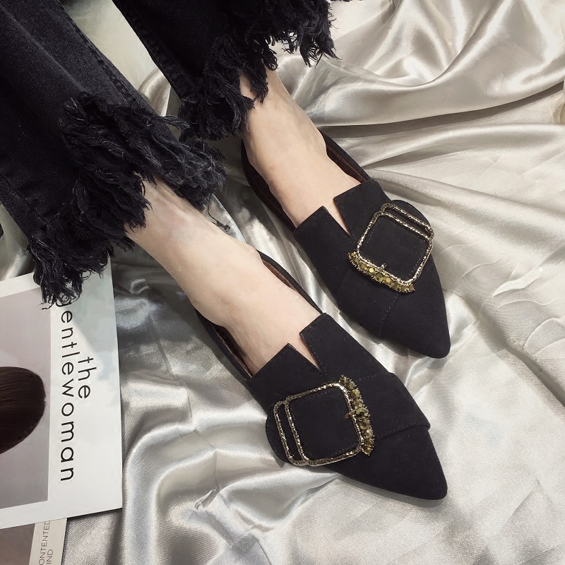 尖头平底鞋女鞋秋季2023新款百搭韩版潮水钻单鞋深口加绒女鞋黑色,淘宝优惠券,粉丝福利购,淘宝优惠卷