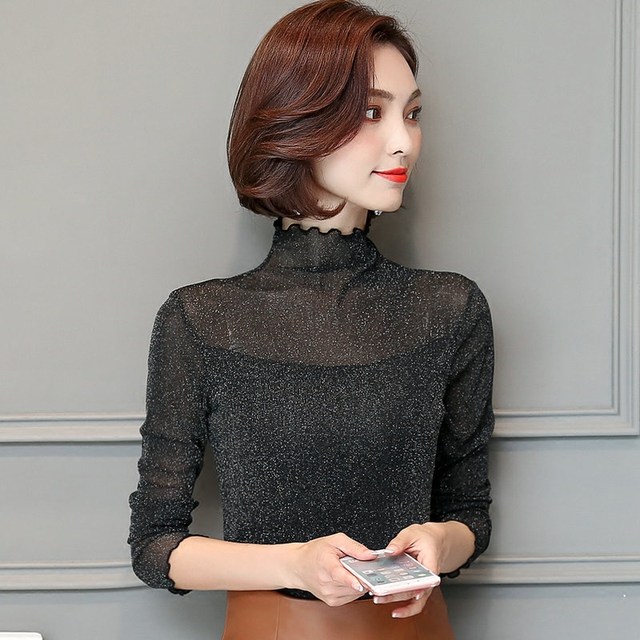 Bright silk turtleneck women's long sleeve mesh bottoming