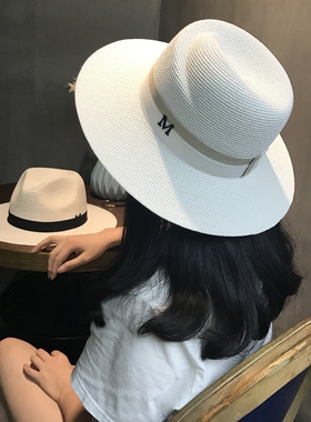 灰色帽子女韩版潮草帽沙滩小清新M家防晒遮阳礼帽女英伦名媛时尚