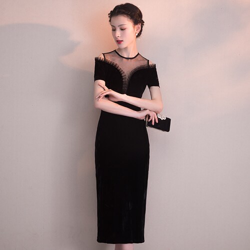 黑色晚礼服2025新款高贵气质中长款丝绒生日宴会小礼服女平时可穿 - 图1