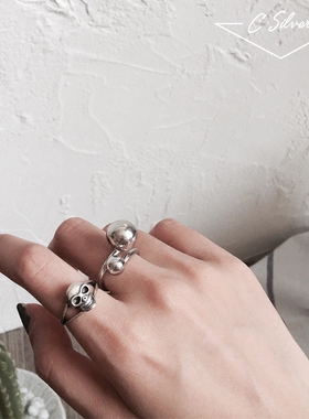 韩国纯银线条交错圆球时尚风指环