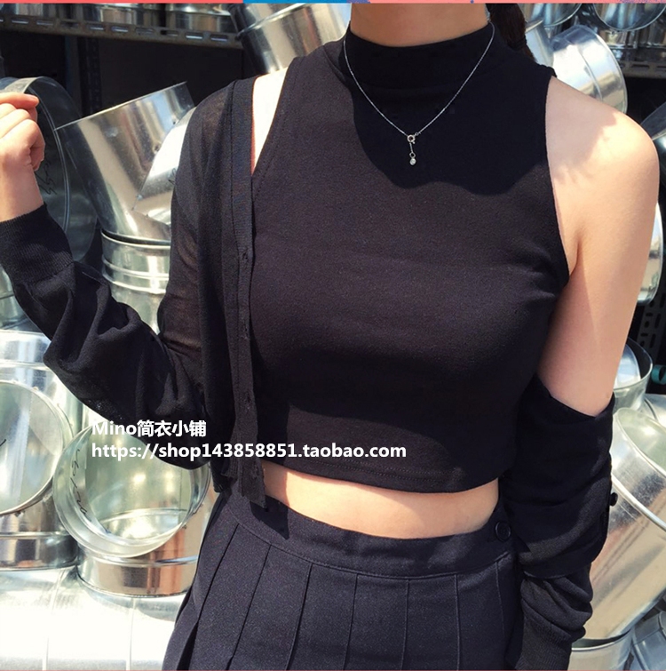 欧美AA半高领细肩带挂脖短款露脐背心女 紧身纯棉打底舞蹈大码T恤