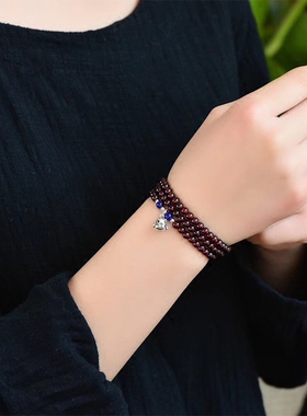 天然多层酒红色挂坠石榴石手串