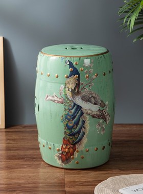 复古陶瓷坐墩花鸟陶艺凳客厅陶瓷花台花架家居新中式陶瓷鼓凳子