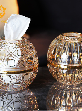 欧式轻奢描金水晶玻璃家用酒店抽取式卫生纸盒桌面茶几餐巾纸盒装