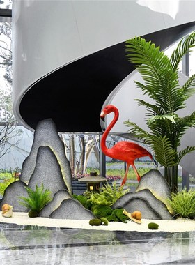 新中式玻璃钢雪浪石带灯枯木假山橱窗楼梯花园造景装饰品落地摆件