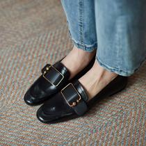 Store length self-leaving never tired feet ~ round head metal buckle small leather leather shoes women flat bottom sloth one foot pedal Lefoe single shoes