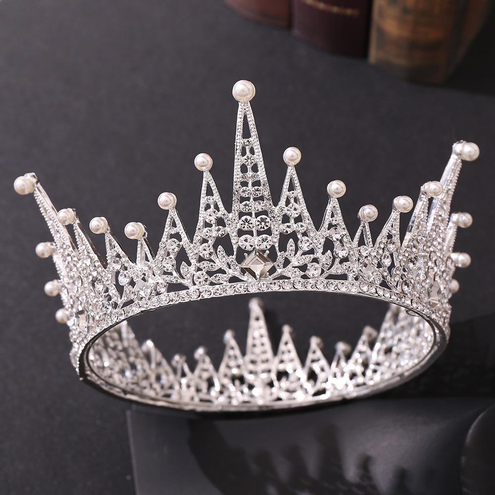 推荐Luxury Queen Princess Round Crown Crystal Pearl Big Diad-图2