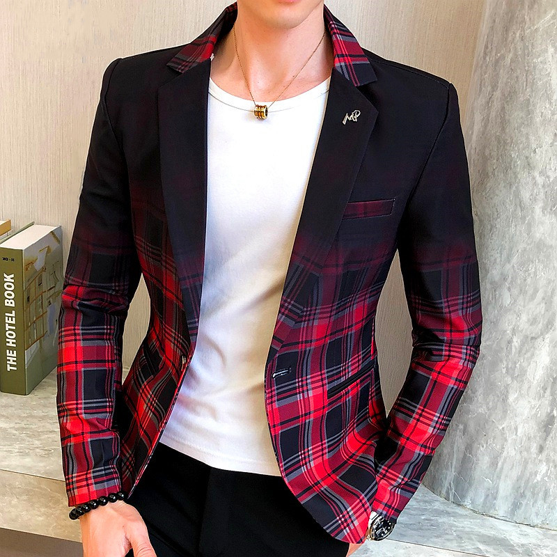 网红Men Blazer 2021 Spring New Colorblock Plaid Blazer Men S-图2