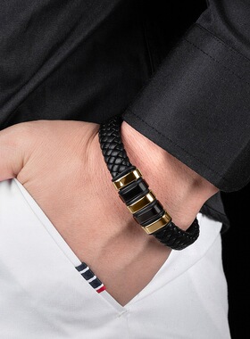 时尚民族风黑色皮绳编织手链金色相间个性潮人百搭手环配男女饰品