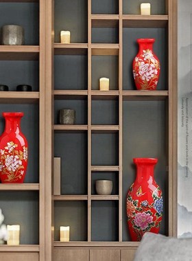 花瓶景德镇陶瓷红喜庆红色电视柜装中式饰品插干花瓶供佛摆件