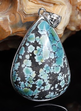 天然无优化湖北高瓷绿松石吊坠水滴925银包边挂坠女款饰品礼物