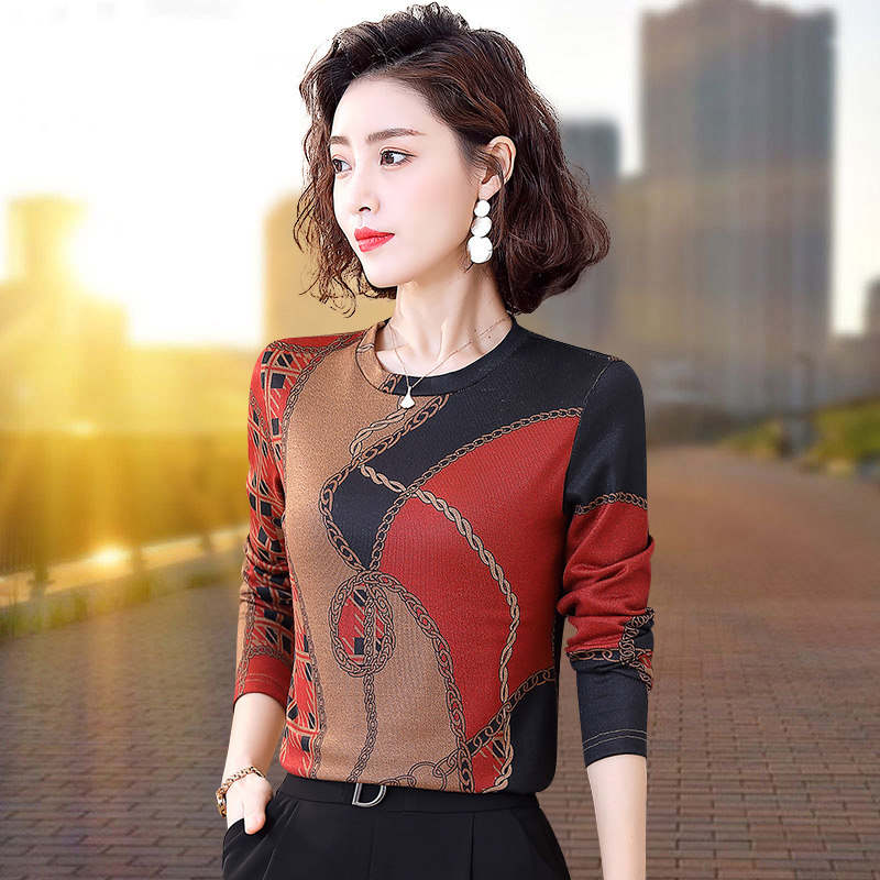 打底衫女妈妈洋气长袖圆领t恤2021年H春秋新款百搭中年上衣弹力潮