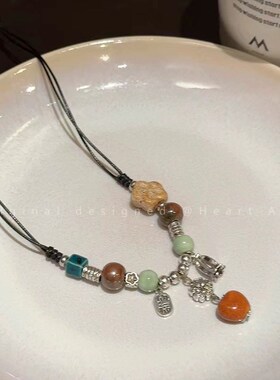 醉梦古风陶瓷串珠项链女2023新中式新款国风复Q古编织绳颈链锁骨