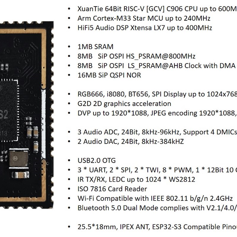 全志R128模组C906 M33HIFI5DSP三核异构单晶片模组兼容EYSP32尺寸 - 图3