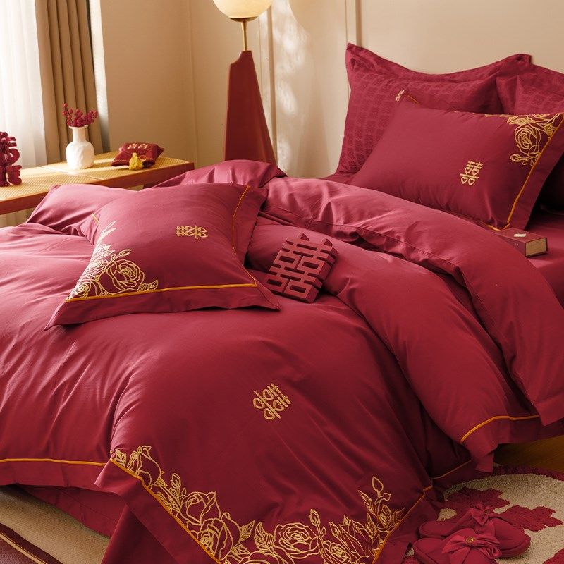 简约中式婚礼床品四件套全棉100支澳棉红色结婚被套床单1.8床笠,淘宝优惠券,粉丝福利购,淘宝优惠卷