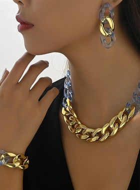 欧美跨境饰品 简约个性夸t张亚克力透明项链手链耳环时尚3件套套