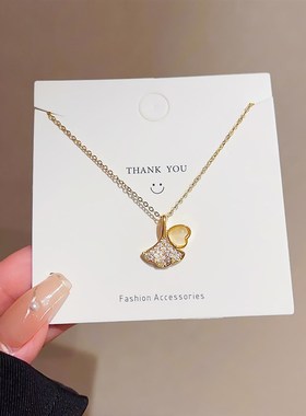 韩版超仙项链女个性时尚钛钢镀18K颈链猫眼石叶子V吊坠气质锁骨链