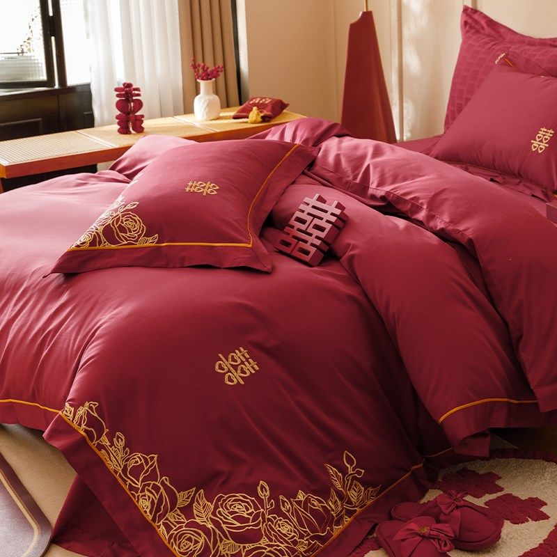 简约中式婚礼床品四件套全棉100支澳棉红色结婚被套床单1.8床笠,淘宝优惠券,粉丝福利购,淘宝优惠卷