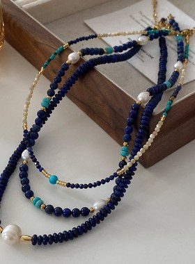 天然石珍珠项链女复古叠戴schocker毛衣链高级感串珠青金石锁骨链