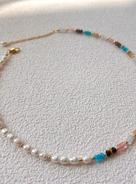 多巴胺彩色天然石淡水珍珠项链女小众颈链波西米亚V风串珠锁骨链