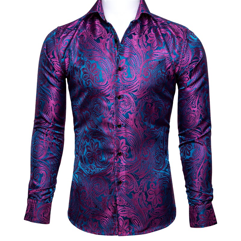 推荐Barry.Wang Luxury Rose Red Paisley Silk Shirts Men Long - 图0