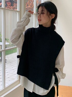 纯色高领飘带背心毛衣秋冬季韩版披肩马甲女厚款百搭款式洋气围脖