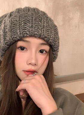 韩国单~灰色帽子女秋冬季粗编织毛线帽显脸小百搭护耳保暖针织帽
