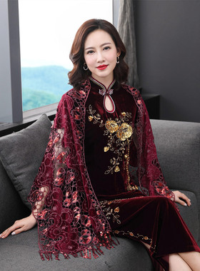 旗袍小披肩婚礼妈妈夏季薄款连衣裙民族风女围巾两用蕾Z丝外搭开