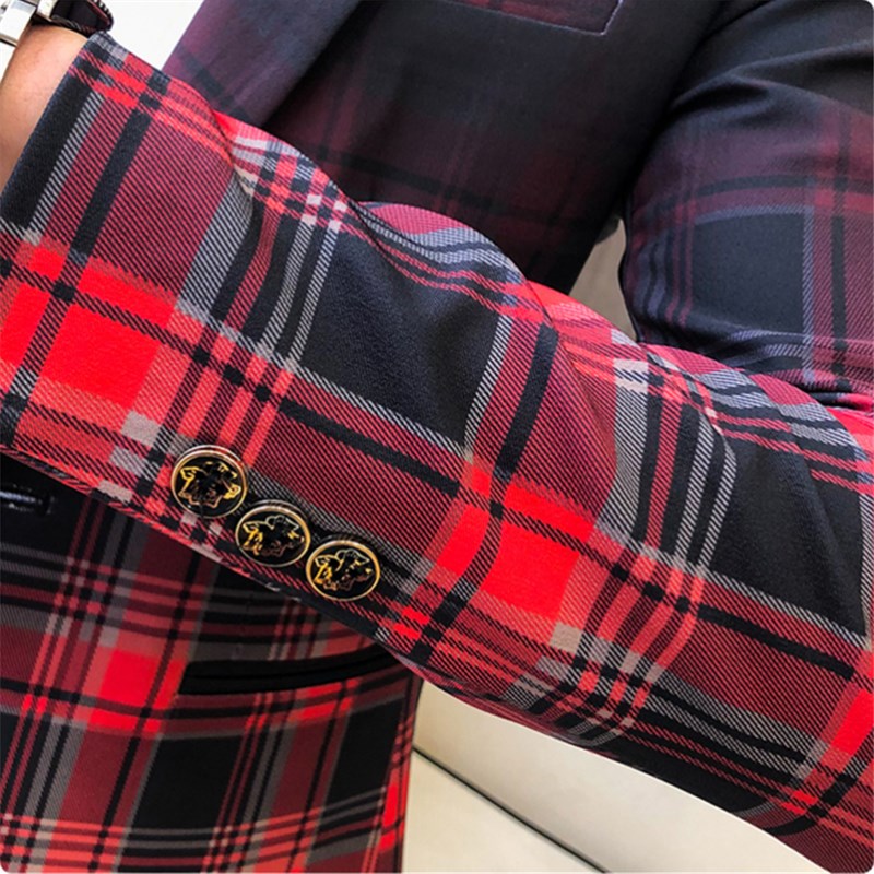 网红Men Blazer 2021 Spring New Colorblock Plaid Blazer Men S-图3