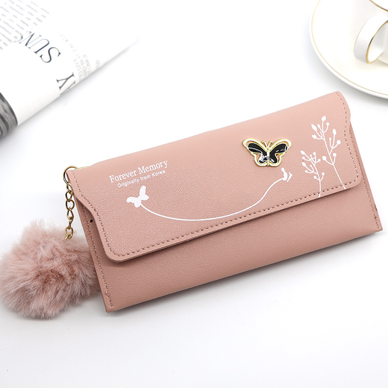 网红Fashionable New Women Long Wallets Pure Color Wool Ball - 图1