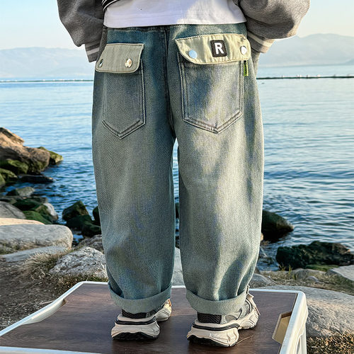 男童牛仔裤春秋款2024新款儿童春装运动裤休闲炸街长裤宽松裤子潮 - 图0