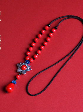 朱砂毛衣链莲花吊坠红色长款项链女秋冬衣服配饰品挂件民族风挂饰