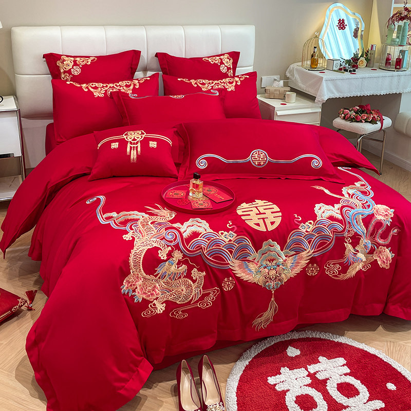 中式婚庆全棉四件套结婚龙凤刺绣被套大红色新婚牀上用品六件套,淘宝优惠券,粉丝福利购,淘宝优惠卷