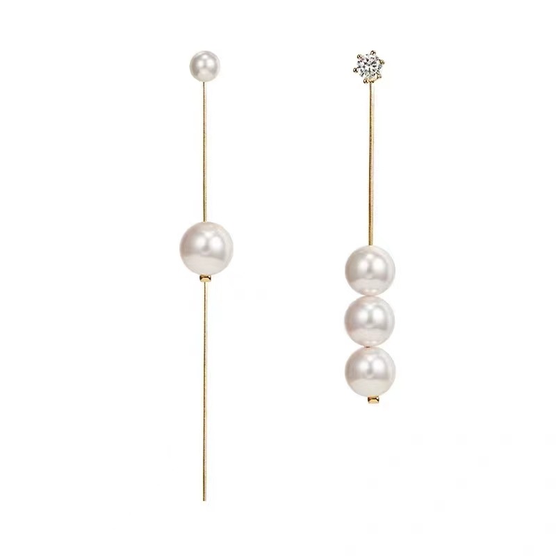 速发Long pearl rhinestones women's asymmetrical tassel earri - 图3