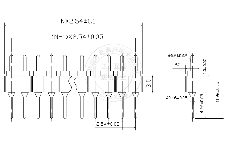 厂家直售 2e.54MM圆孔排针 圆孔排母环保镀金1U 高品质 1*40P 10M