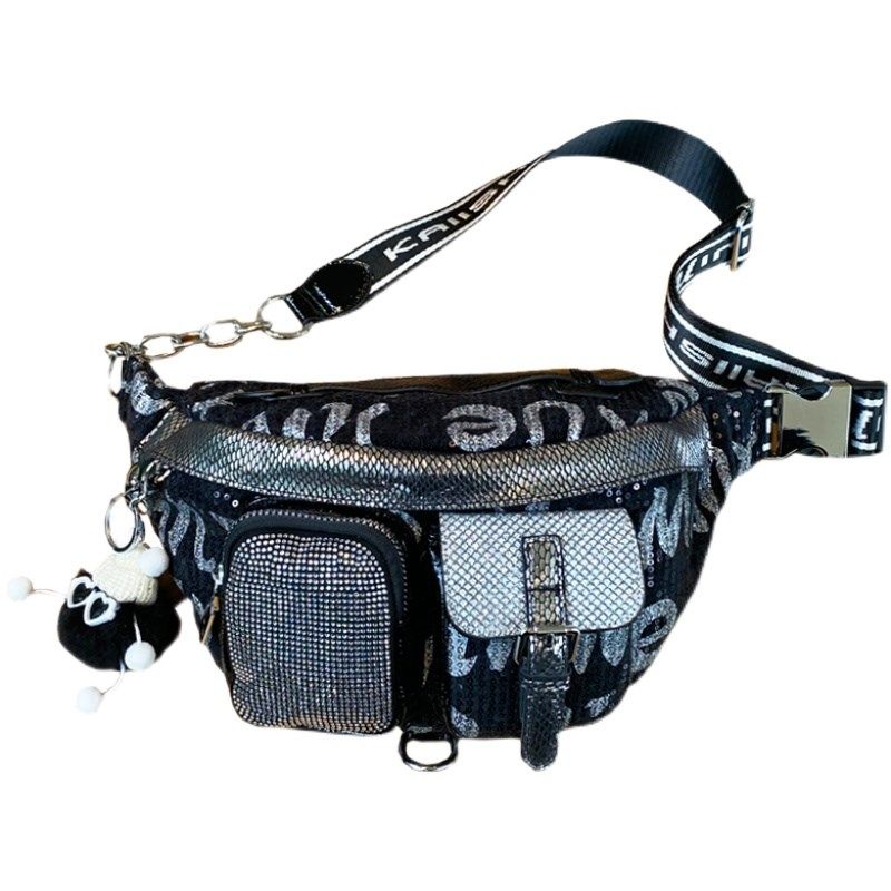 女士斜背胸包韩版洋气多口袋字母拼亮片包包2025新款斜挎腰包单肩,淘宝优惠券,粉丝福利购,淘宝优惠卷