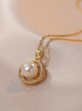 ins网红时尚轻奢设计项链个性满钻珍珠铜镀真金锁骨.链跨境项饰