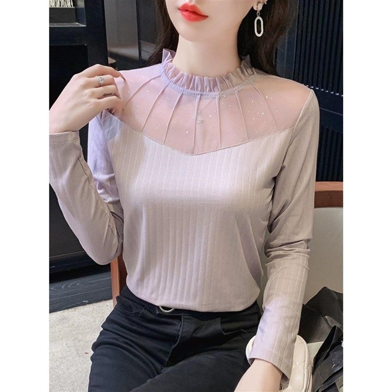 时尚网纱拼接内搭修身上衣小衫半高领蕾丝打底衫女春秋新款长袖,淘宝优惠券,粉丝福利购,淘宝优惠卷