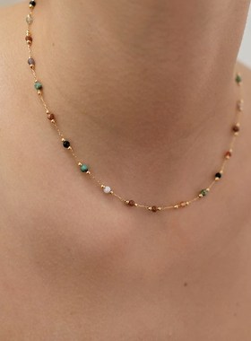 西西里美丽传说 精致时髦天然石彩色F串珠锁骨链细项链个性度假风