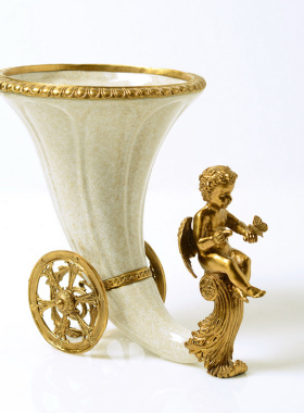 欧式美式陶瓷镶铜高档奢华饰品摆件 别墅样板房天使号角客厅花瓶