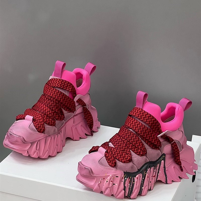 明星同款女鞋2023春秋新款真皮系带复古松糕底厚底炸街老爹鞋女款