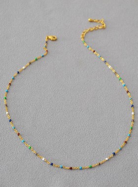 韩版东大b门时尚清新素雅彩色珐琅滴釉豆豆短款细项链锁骨链素链